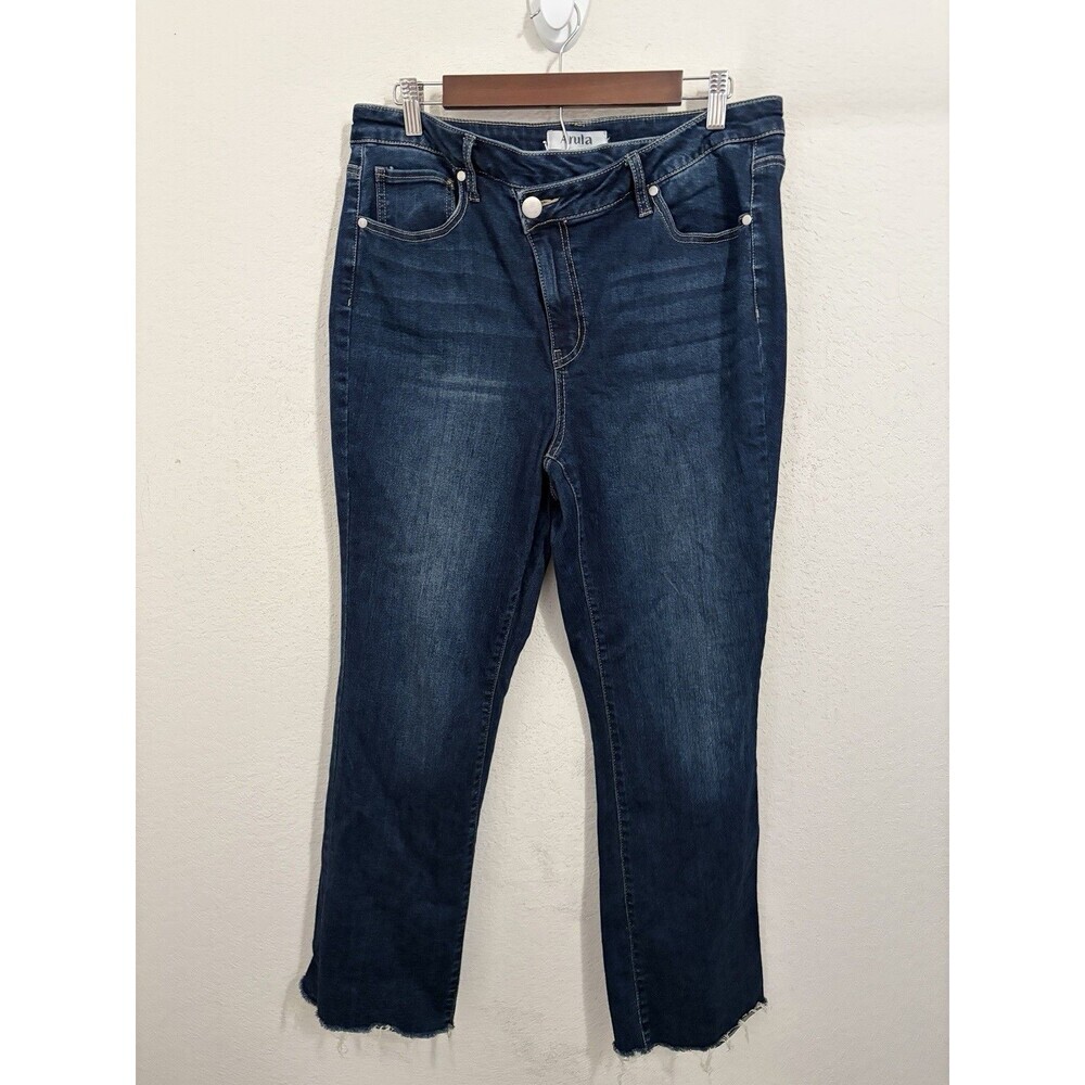 Arula Women’s 12 Asymmetrical Cross Front Straight Crop Jean Raw Hem Dark Wash
